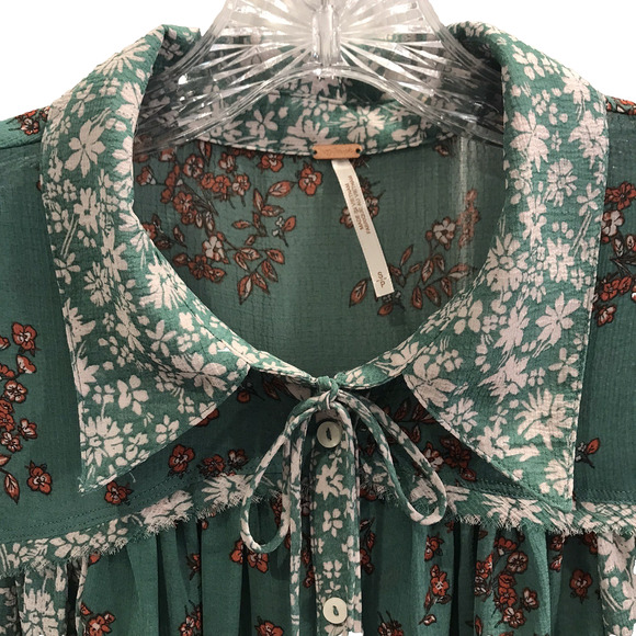 Free People Serena Floral Bell Sleeve Blouse Top Patchwork Button Green Small - Picture 4 of 12